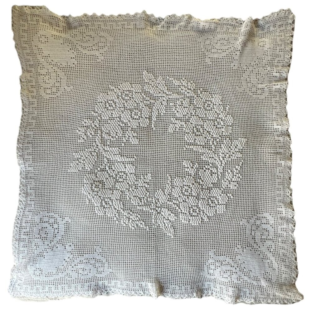 Handcrafted Crochet Tablecloth 36"x32" With Raised Wreath Design & Tatted Edges